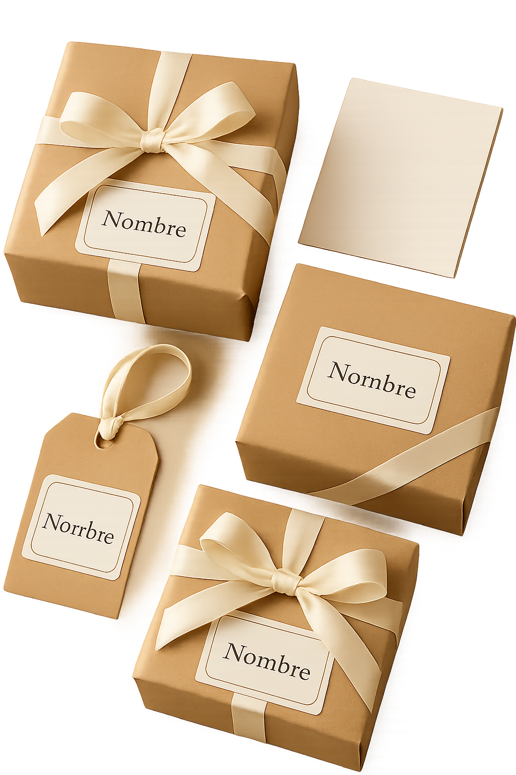 Cajas y empaques personalizados para regalos con etiquetas impresas y cintas en estilo editorial limpio