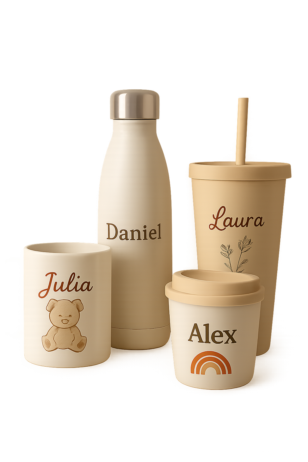 Colección de tazas, termos y vasos personalizados con ilustraciones y nombres sobre una repisa clara