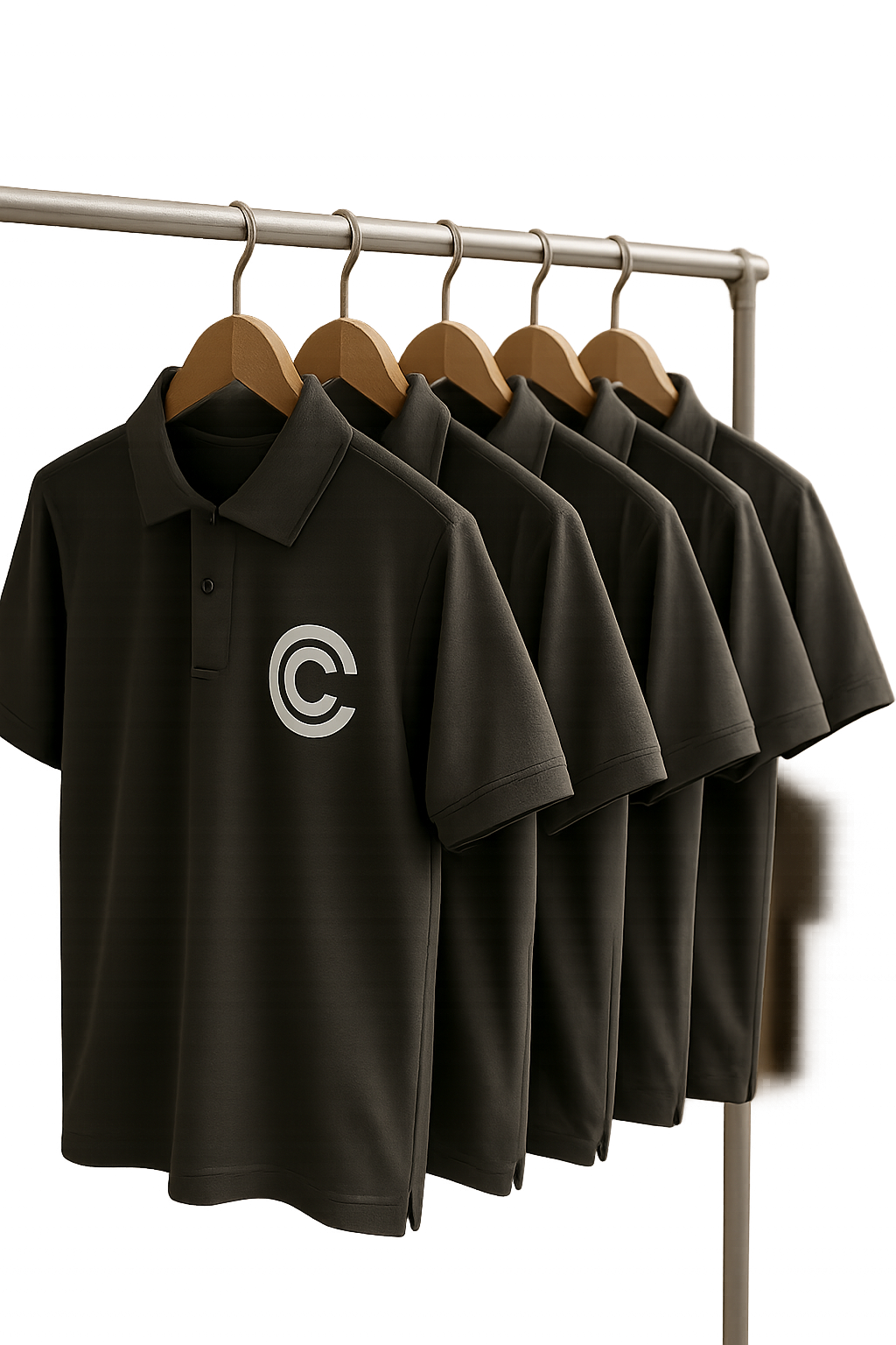 Lote de uniformes corporativos con logotipos serigrafiados en una línea de producción ordenada