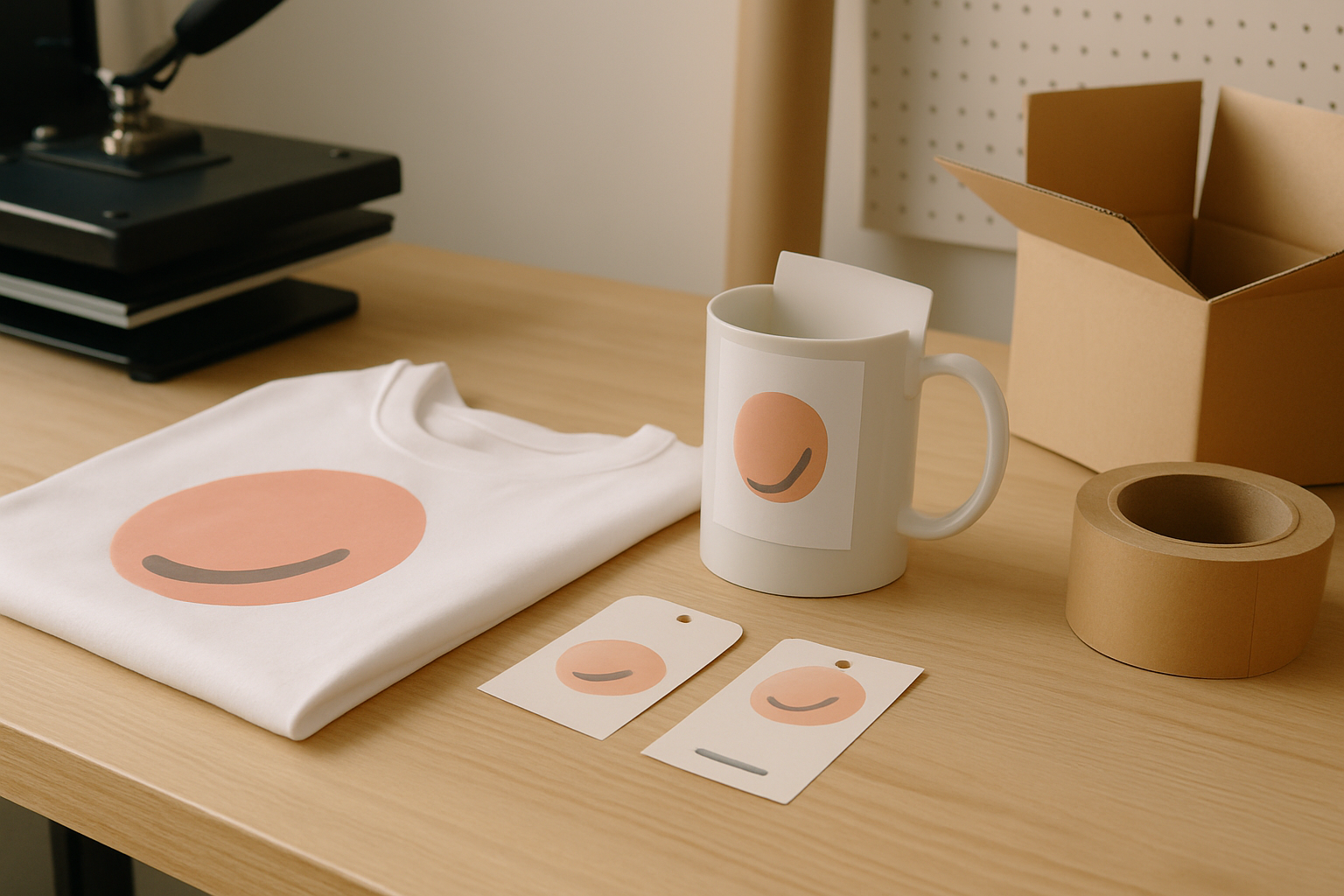 Mesa de trabajo con productos personalizados en preparación, etiquetas, caja de empaque y materiales de diseño