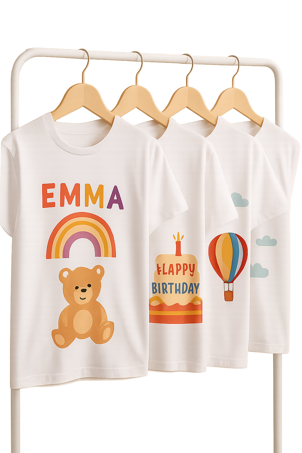 Camisetas blancas personalizadas con impresión por sublimación en colores vivos, exhibidas en perchero de estudio
