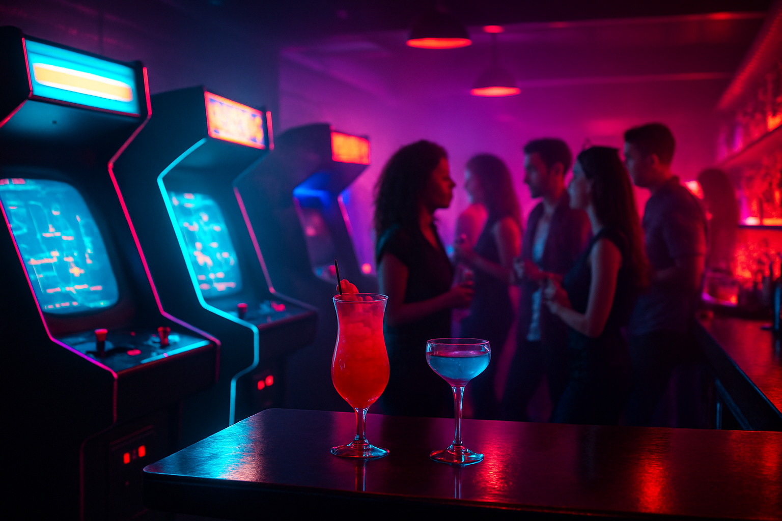 Dark retro arcade bar interior with glowing magenta and cyan neon lights, classic arcade cabinets, cocktails on the bar, and a lively social vibe