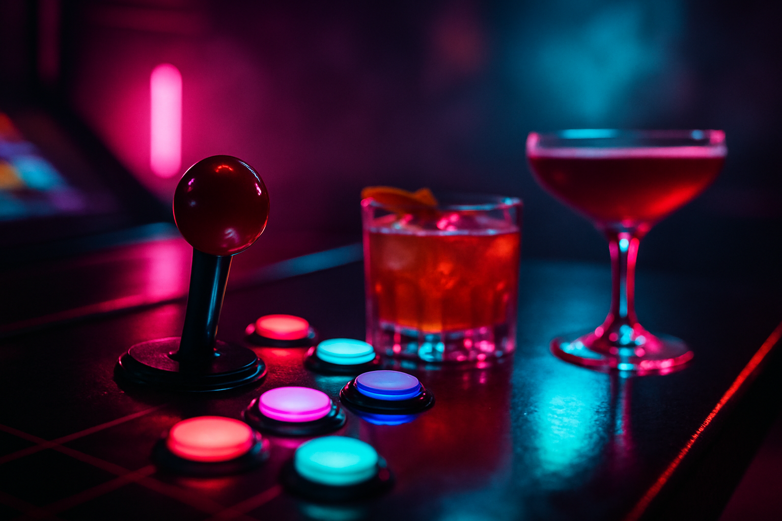 Close-up nightlife scene with glowing arcade controls, colorful cocktails, and neon reflections across a dark bar surface