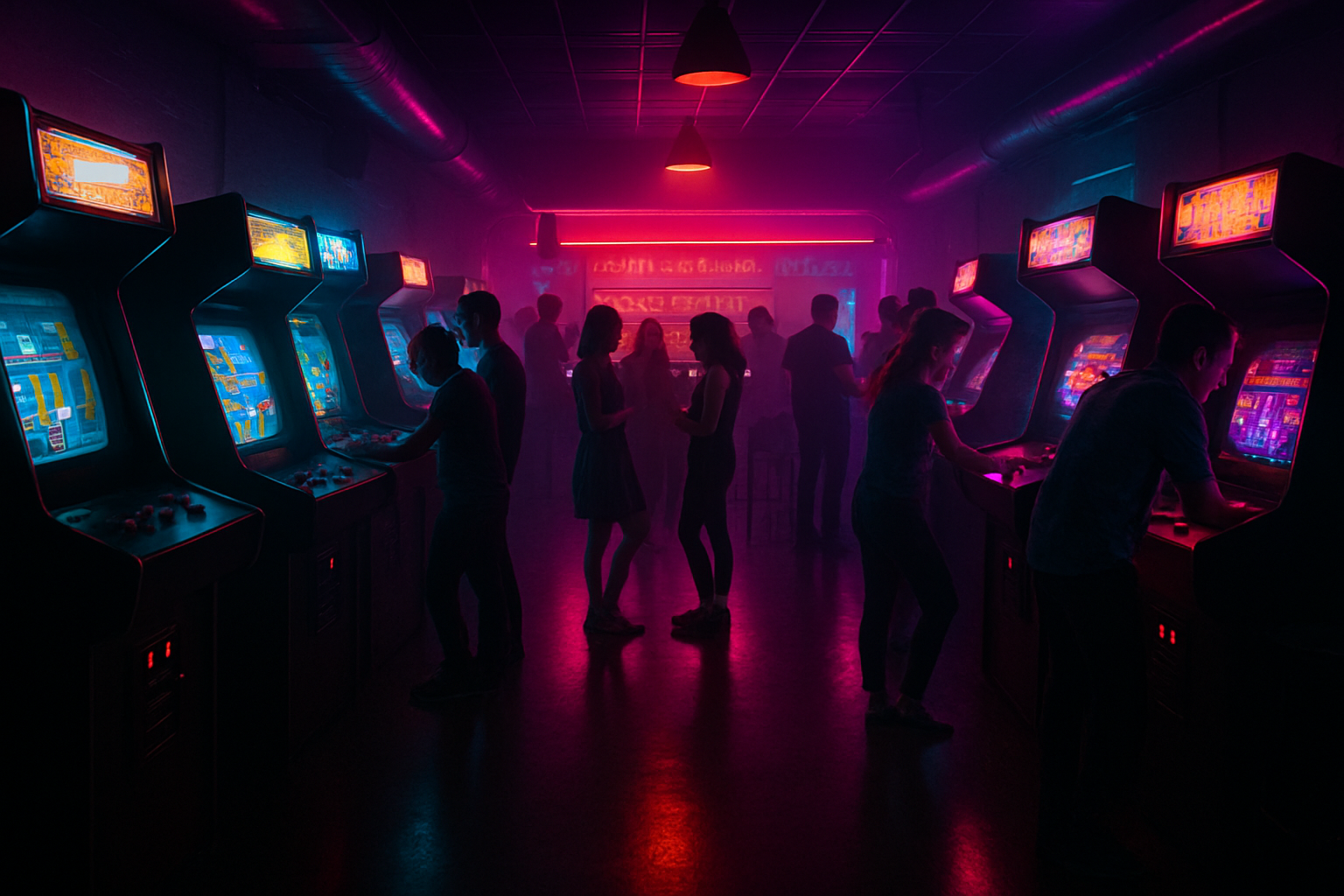 Wide retro arcade bar interior with neon magenta and cyan lighting, rows of classic cabinets, glowing bar shelves, and a lively social crowd