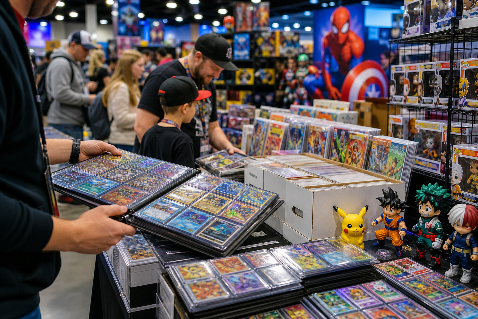 Busy vendor table displaying colorful trading card binders, comic boxes, and collectible figures under bright expo lighting
