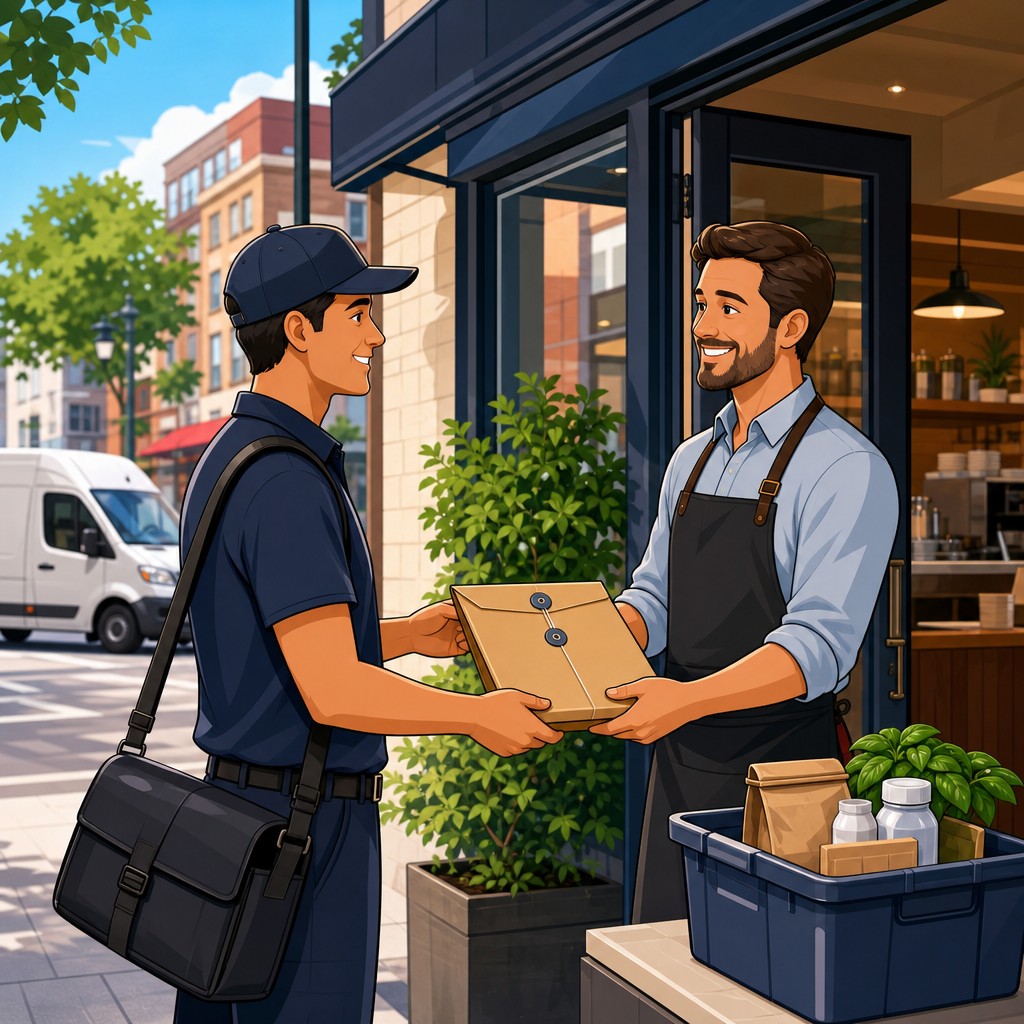 Professional courier handing a sealed business document folder to a restaurant manager outside a local storefront, with a compact supply tote and city street context