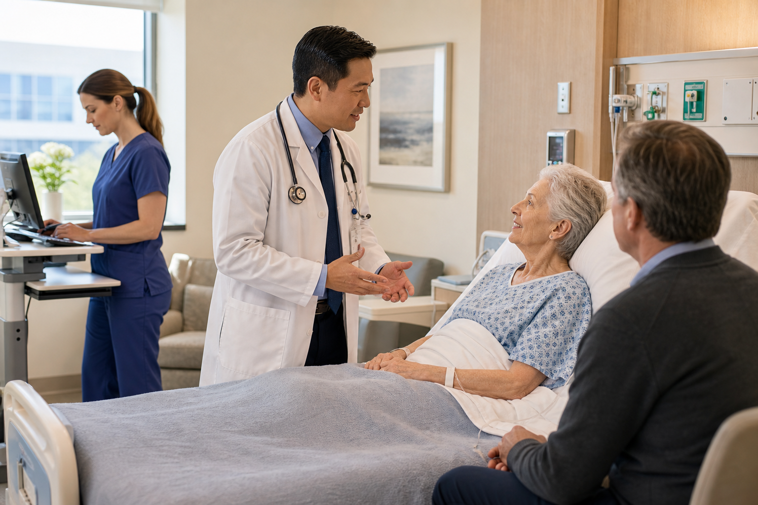 Hospitalist physician speaking with an elderly patient and family member in a calm hospital room, with a nurse reviewing notes nearby