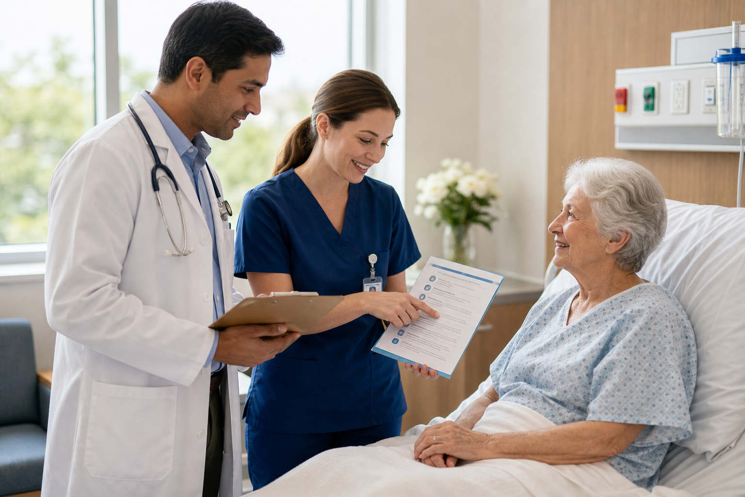 compassionate hospitalist and nurse reviewing discharge plan with an older patient in a bright hospital room