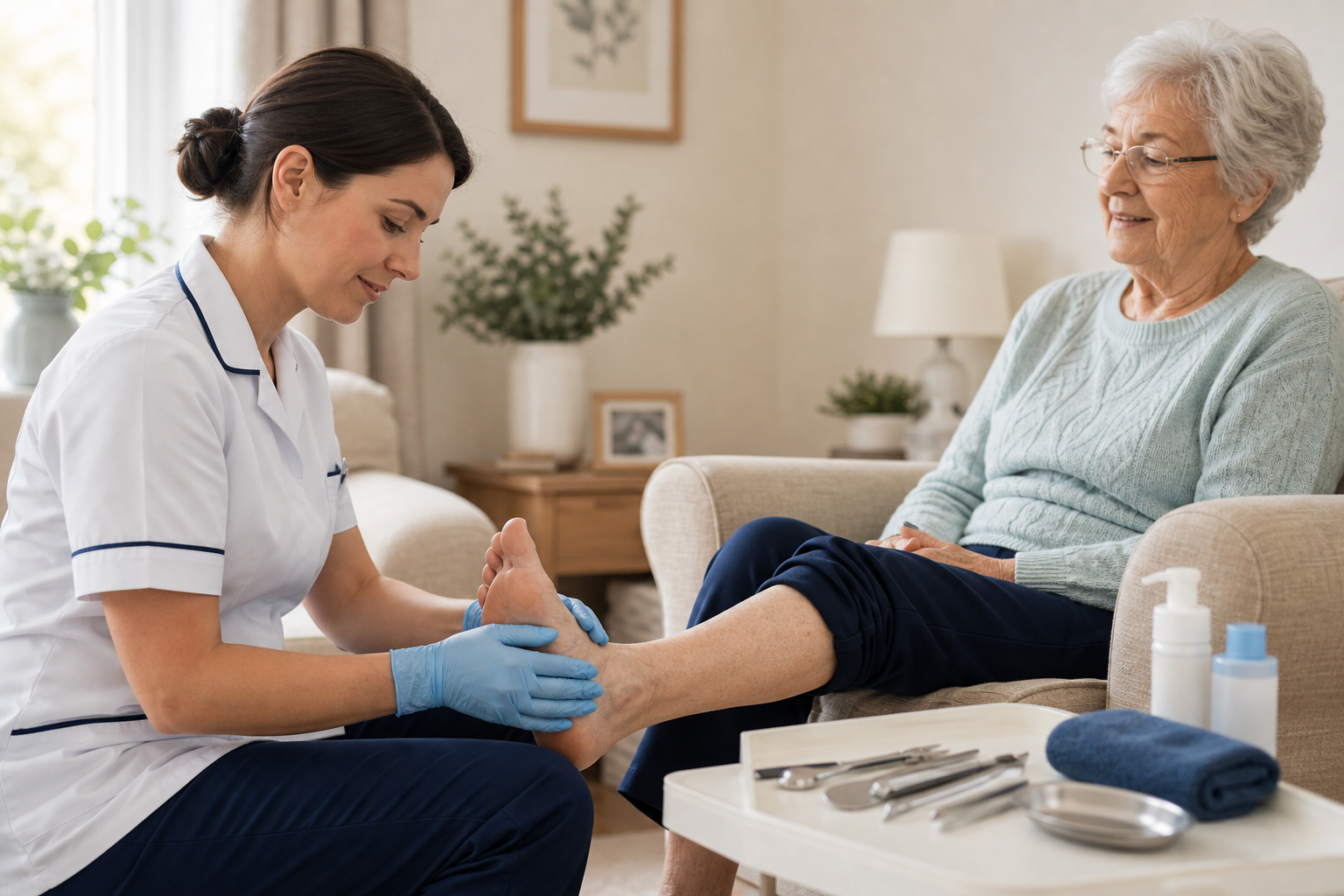 Podiatrist providing professional foot care during a calm home visit