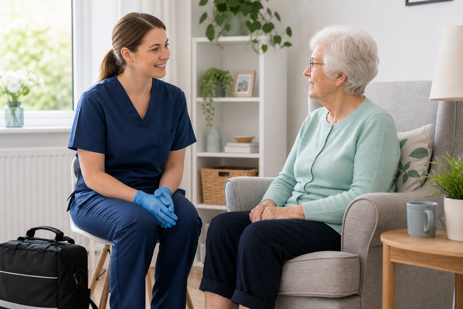 HCPC registered podiatrist providing a friendly home visit consultation in a bright living room