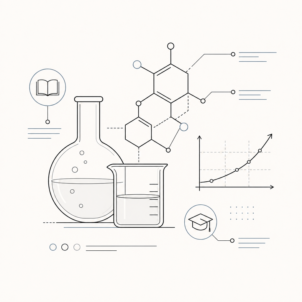 Ilustração linear institucional de educação em química com estrutura molecular, frasco de laboratório, gráfico didático e eixos de aprendizagem em composição limpa