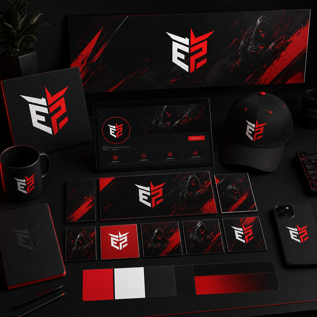 Sleek creator branding kit featuring red and white logo lockups, banner layouts, and social thumbnails