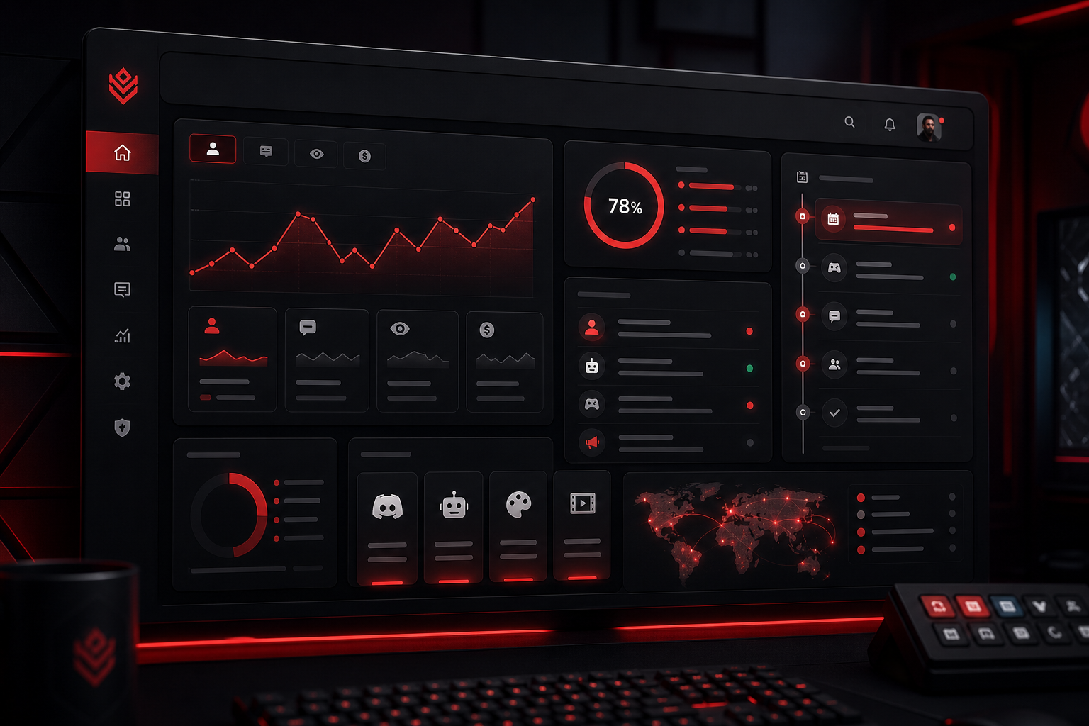 Sleek creator operations dashboard with dark UI panels, red accent charts, and performance analytics