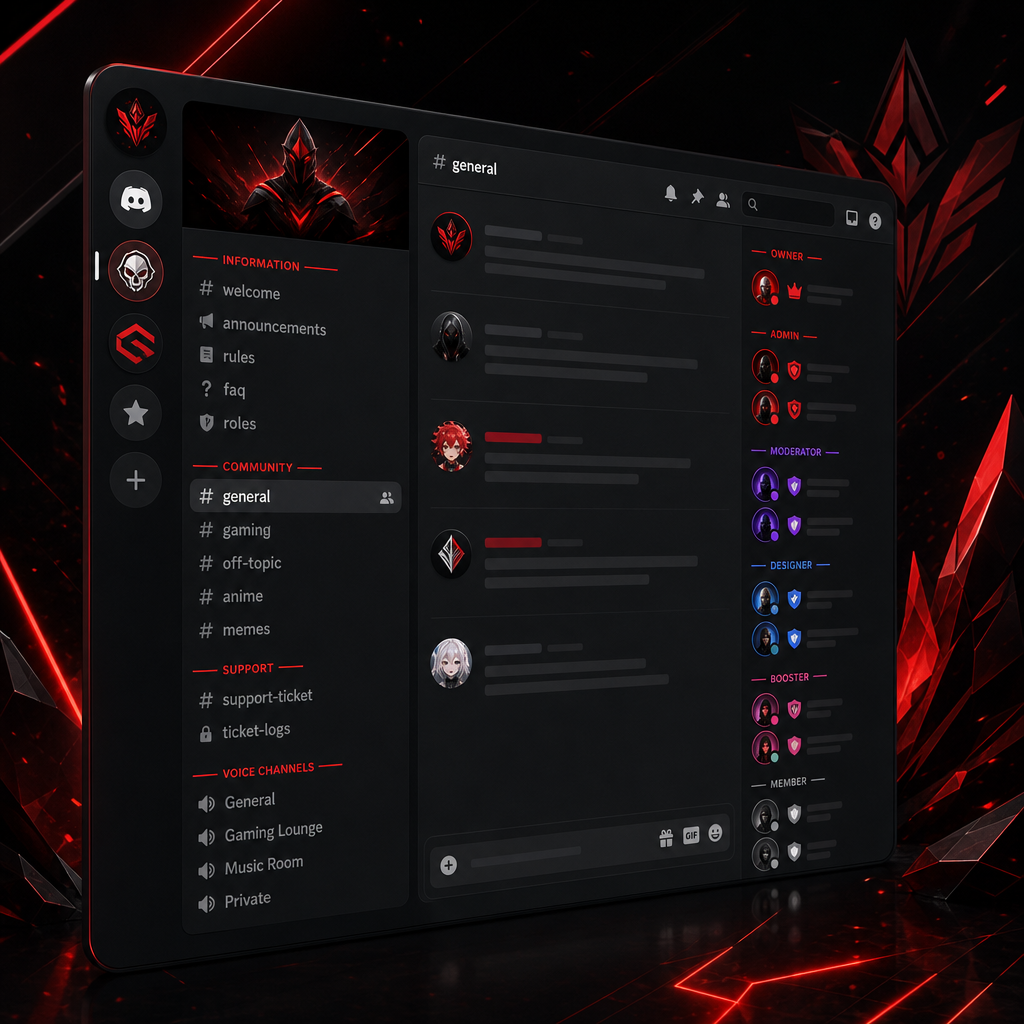 Dark-mode Discord server layout preview with red accent channels, custom roles, and structured category panels