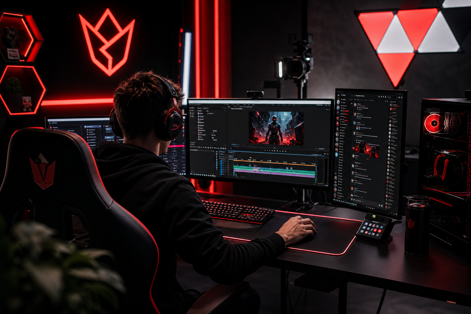 High-energy gamer creator with a black and red neon studio setup, wearing a headset and editing content on multiple monitors