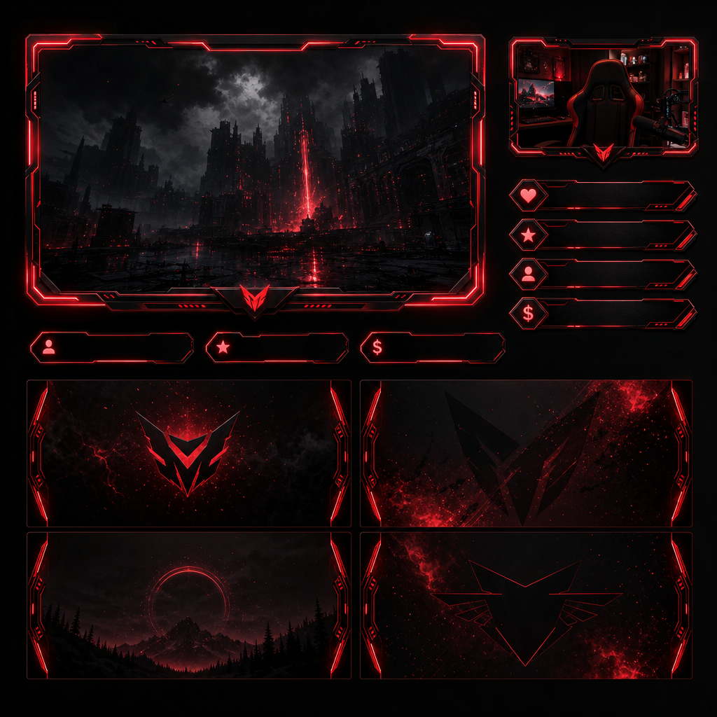 Gaming stream overlay pack with neon red frames, webcam border, and animated alert panels