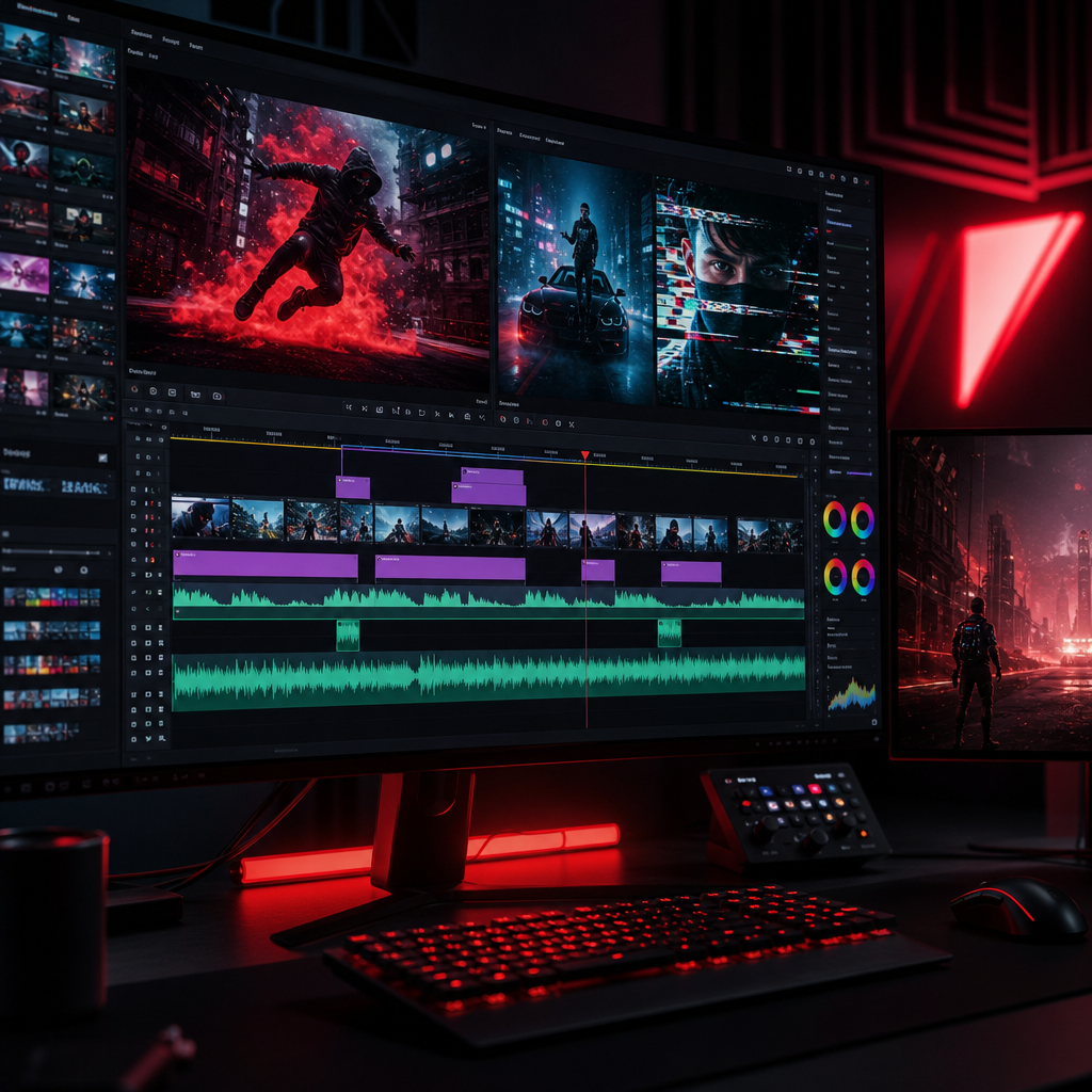 Timeline view of a high-energy video edit with dynamic cuts, captions, and glitch effects