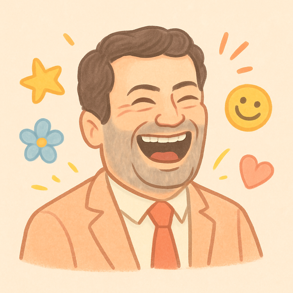 Ilustração satírica e colorida de André Ventura a rir, em tons pastel, com elementos gráficos divertidos ao redor, estilo cartoon