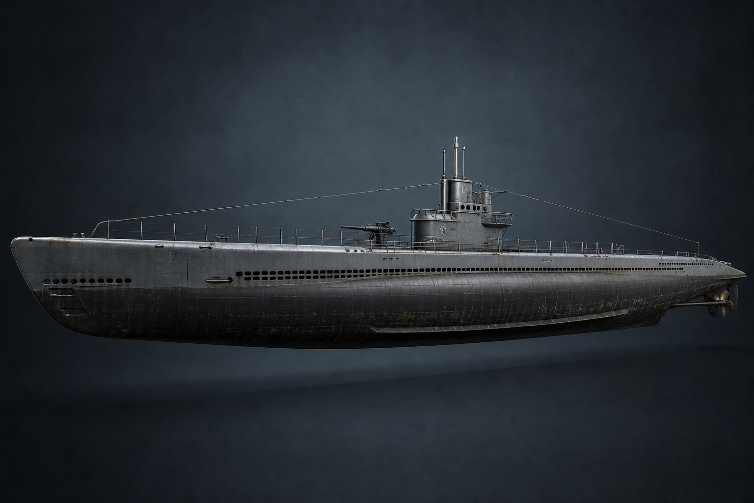 Side profile of a U.S. Gato-class submarine 3D model with long sleek hull and deck rails