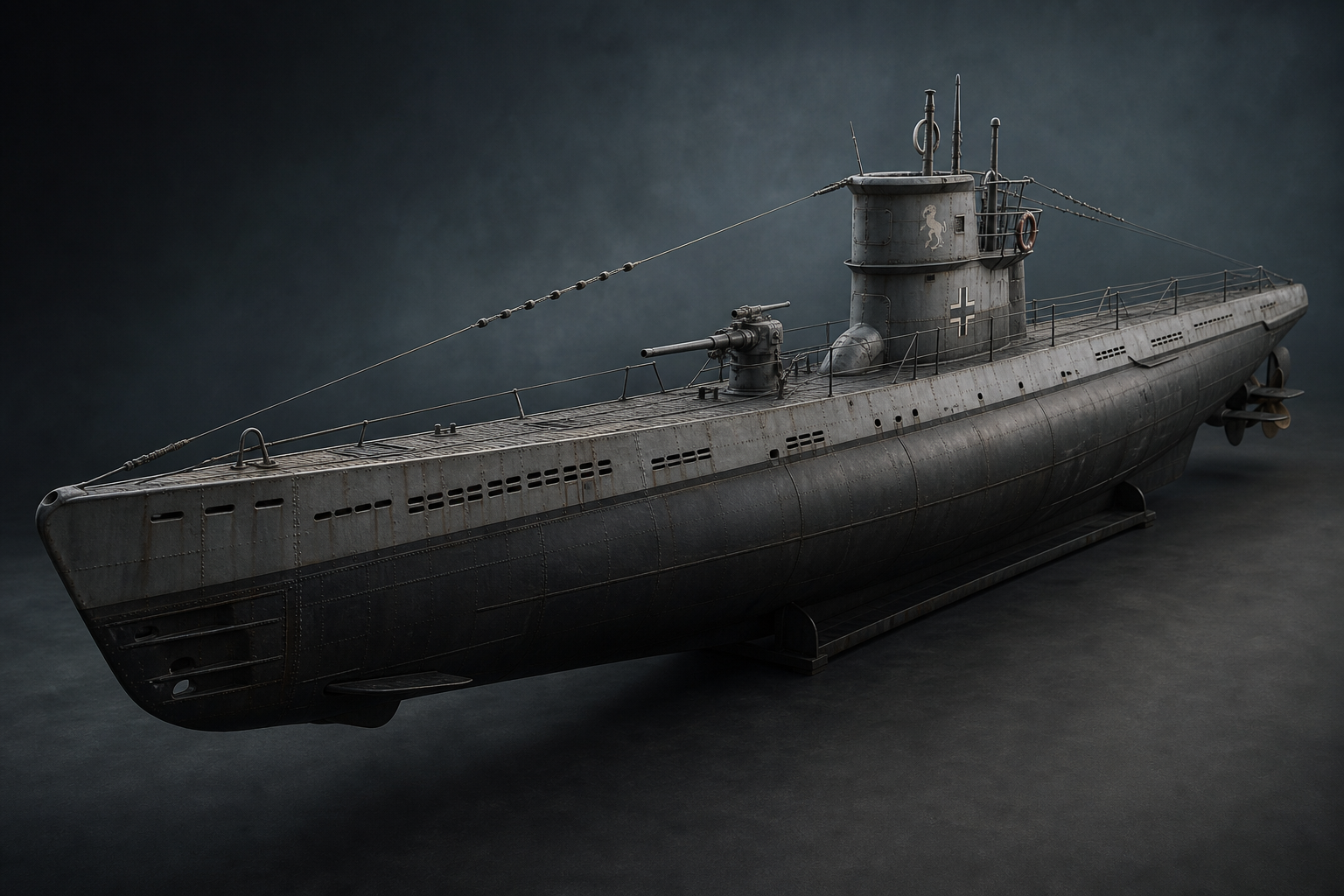 Three-quarter view of a German Type VII U-boat 3D model with matte dark hull plating and visible deck gun