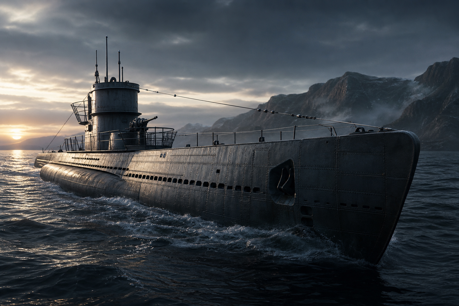 Cinematic render of a WW2 submarine slicing through dark seawater, detailed hull plating and conning tower illuminated by cool naval lighting