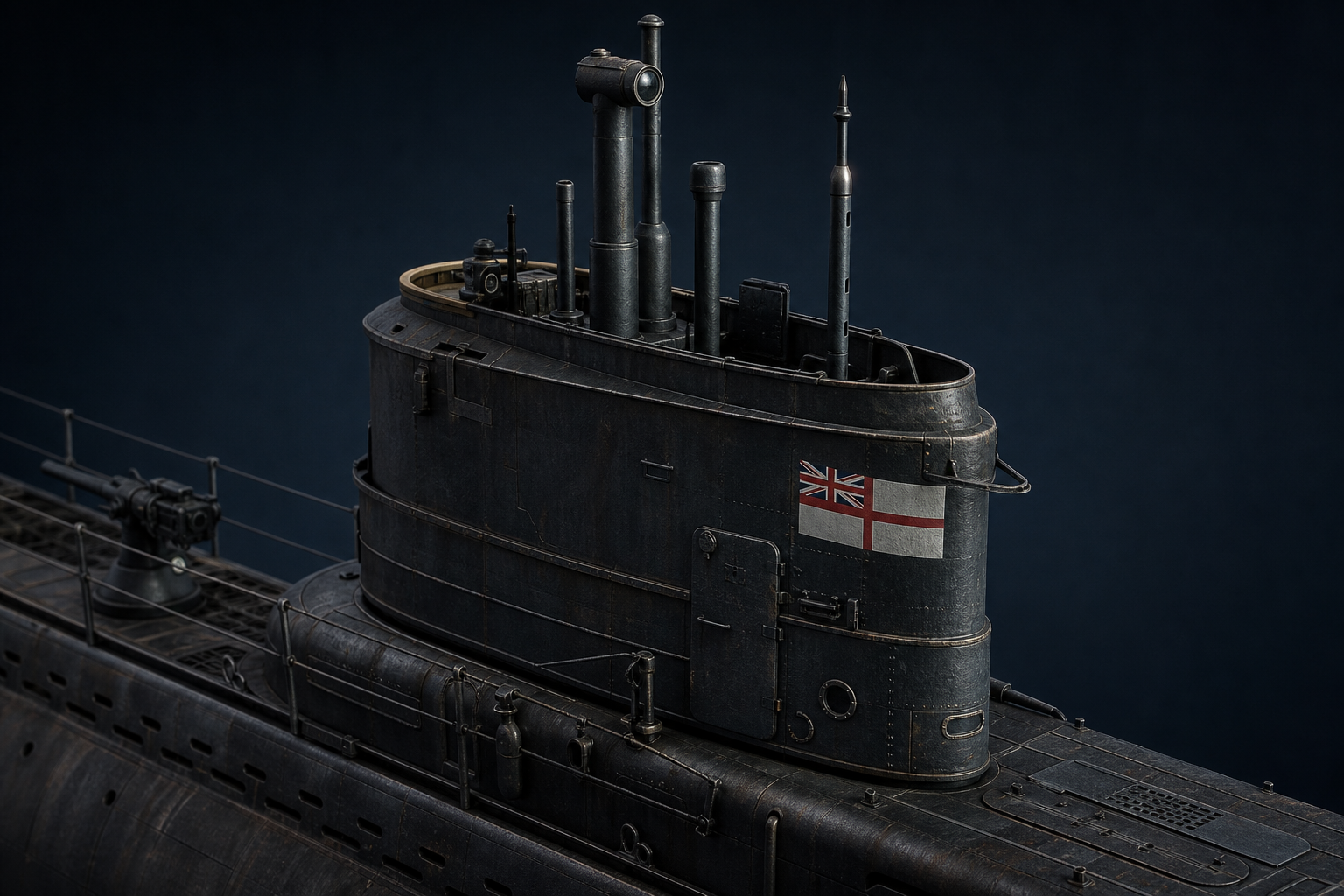 Close-up render of a British T-class submarine 3D model showing conning tower and periscope assembly