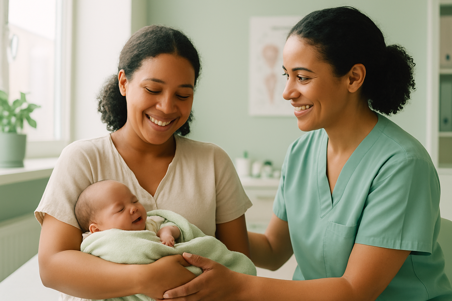 A warm healthcare scene with a midwife supporting a smiling mother holding her infant in a bright community clinic