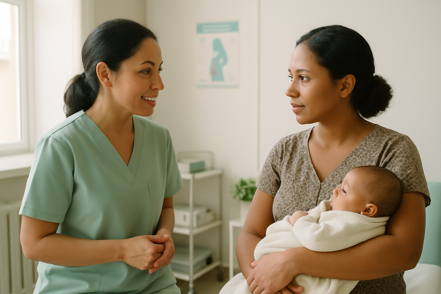 A caring community health worker in a light green uniform speaking with a young mother holding her baby in a bright clinic