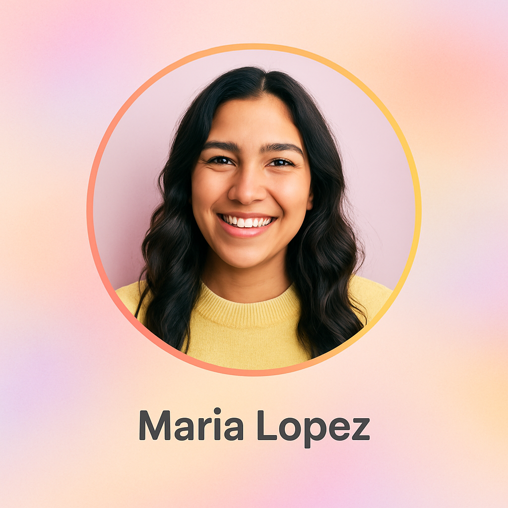 Smiling woman with warm expression, soft pastel background