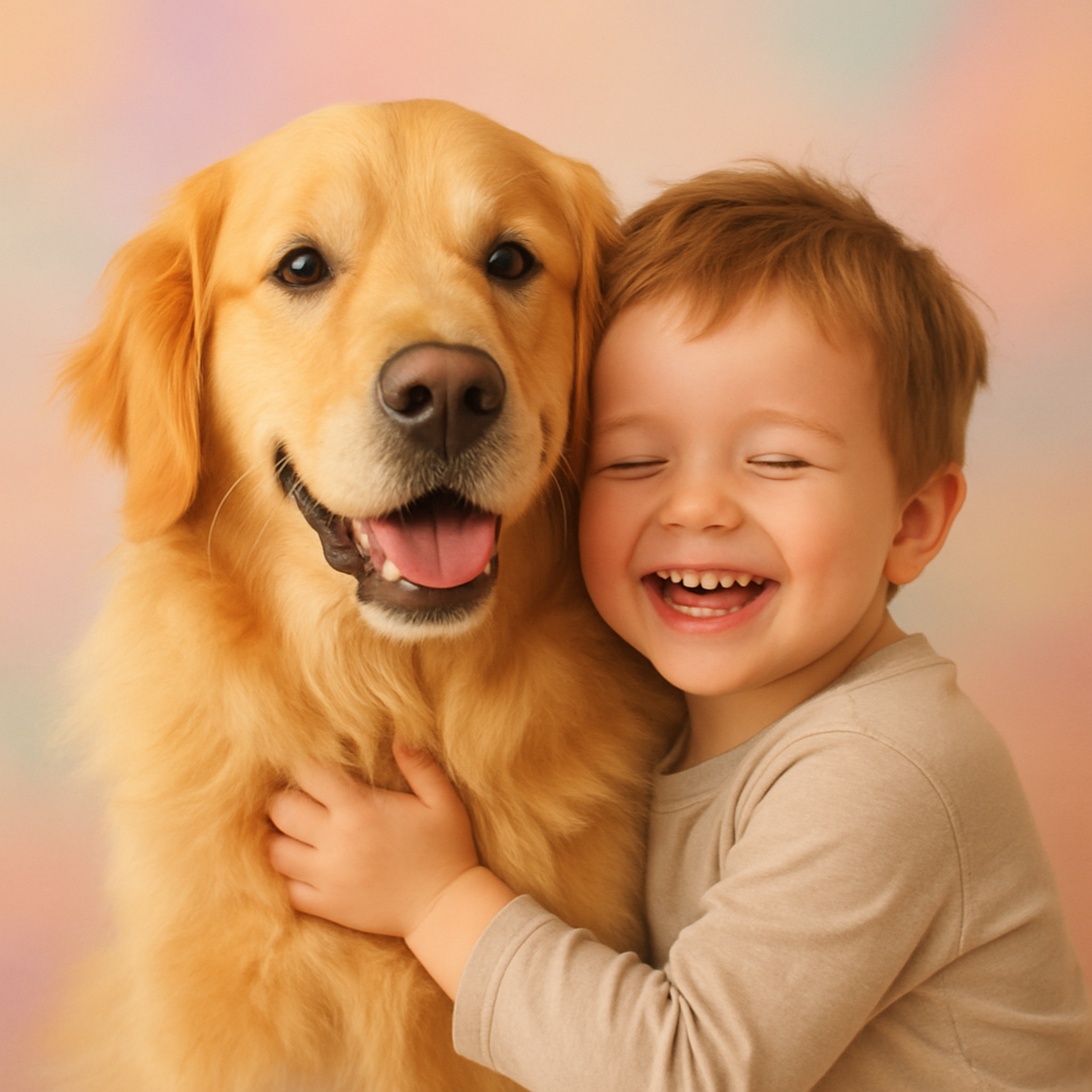 Otis the dog cuddling with a child, both smiling, soft pastel background