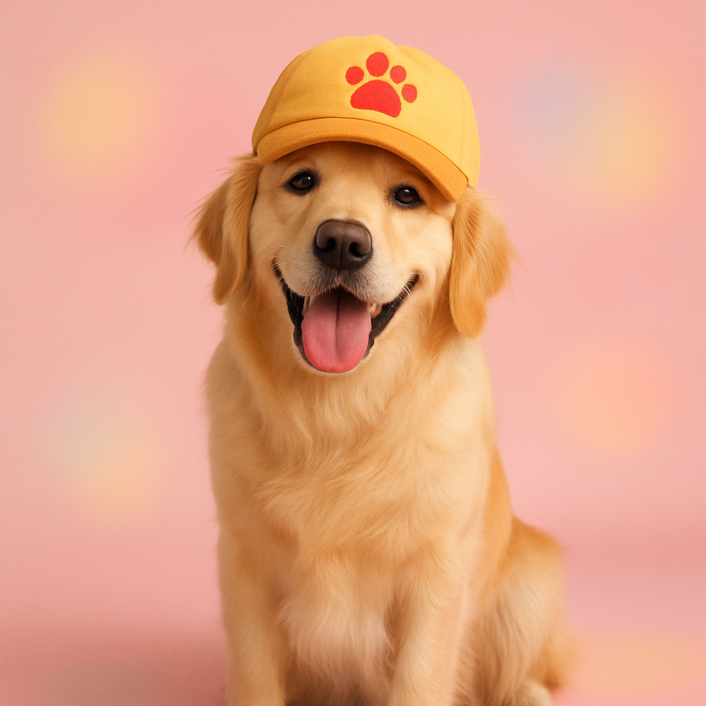 Otis wearing a playful hat with a paw print, pink pastel background
