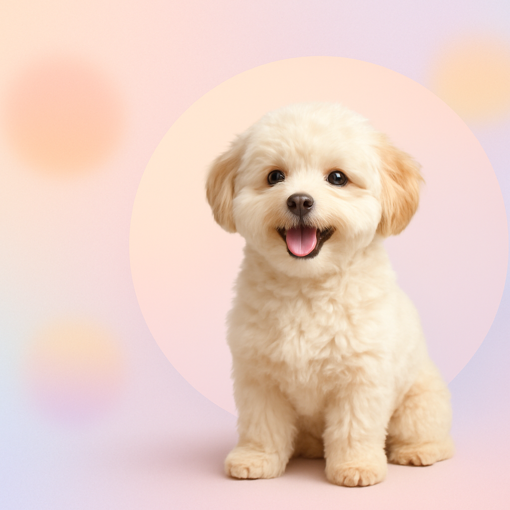 Small, fluffy Maltipoo dog named Otis, mostly brown but close to white in color, sitting and smiling. The photo is friendly, clear, and highlights Otis’s cute, soft appearance on a pastel background with rounded shapes.