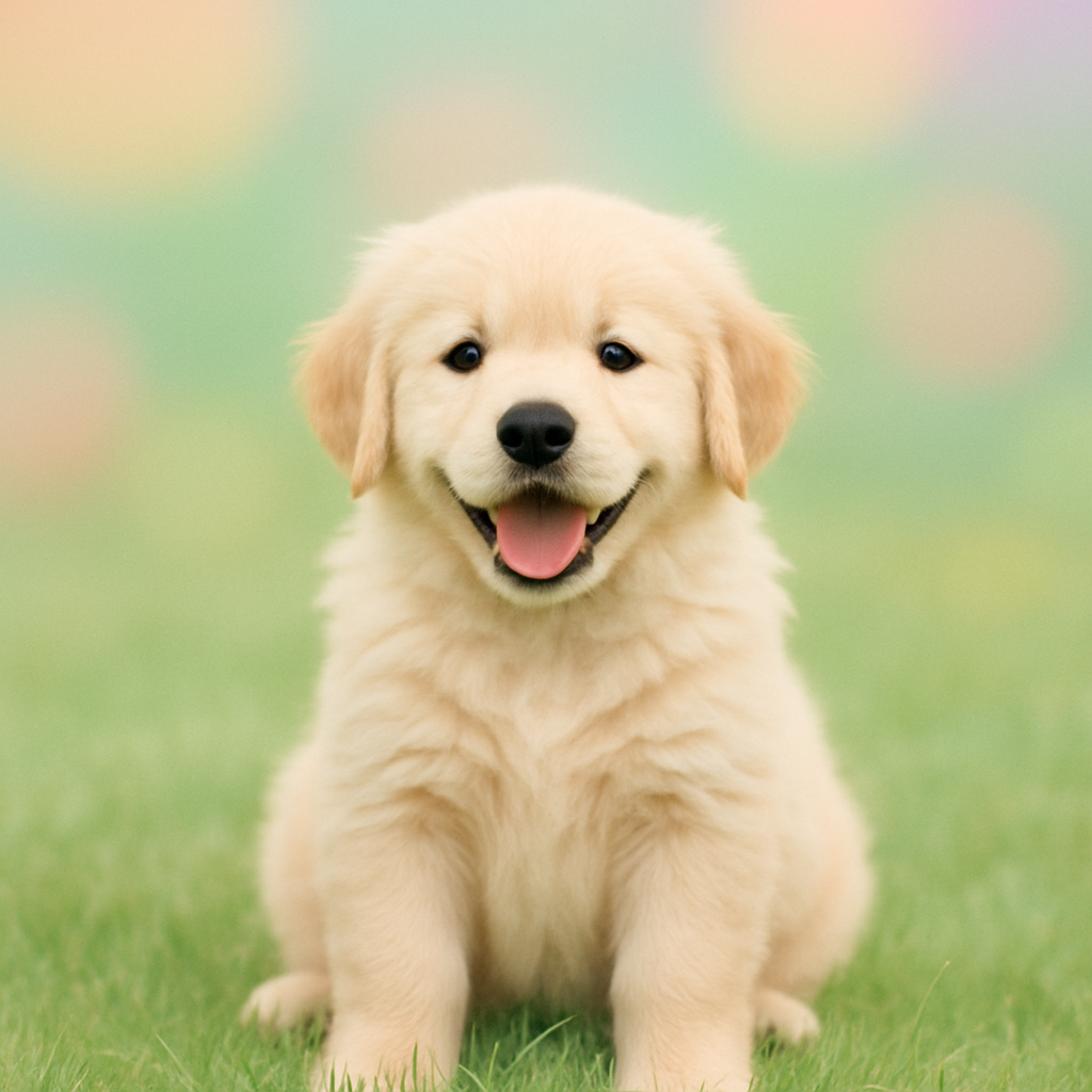 Otis as a puppy, fluffy golden fur, sitting in a pastel green field