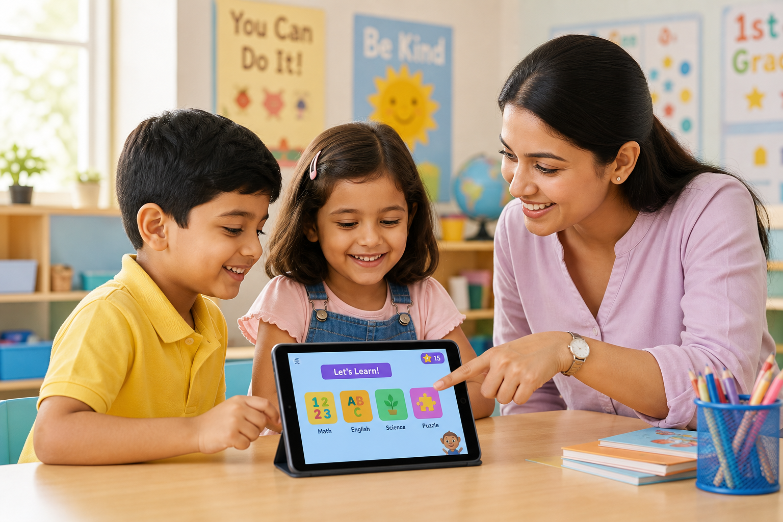 Two smiling Class 1 children using a tablet with colorful learning icons while a teacher guides them in a bright classroom