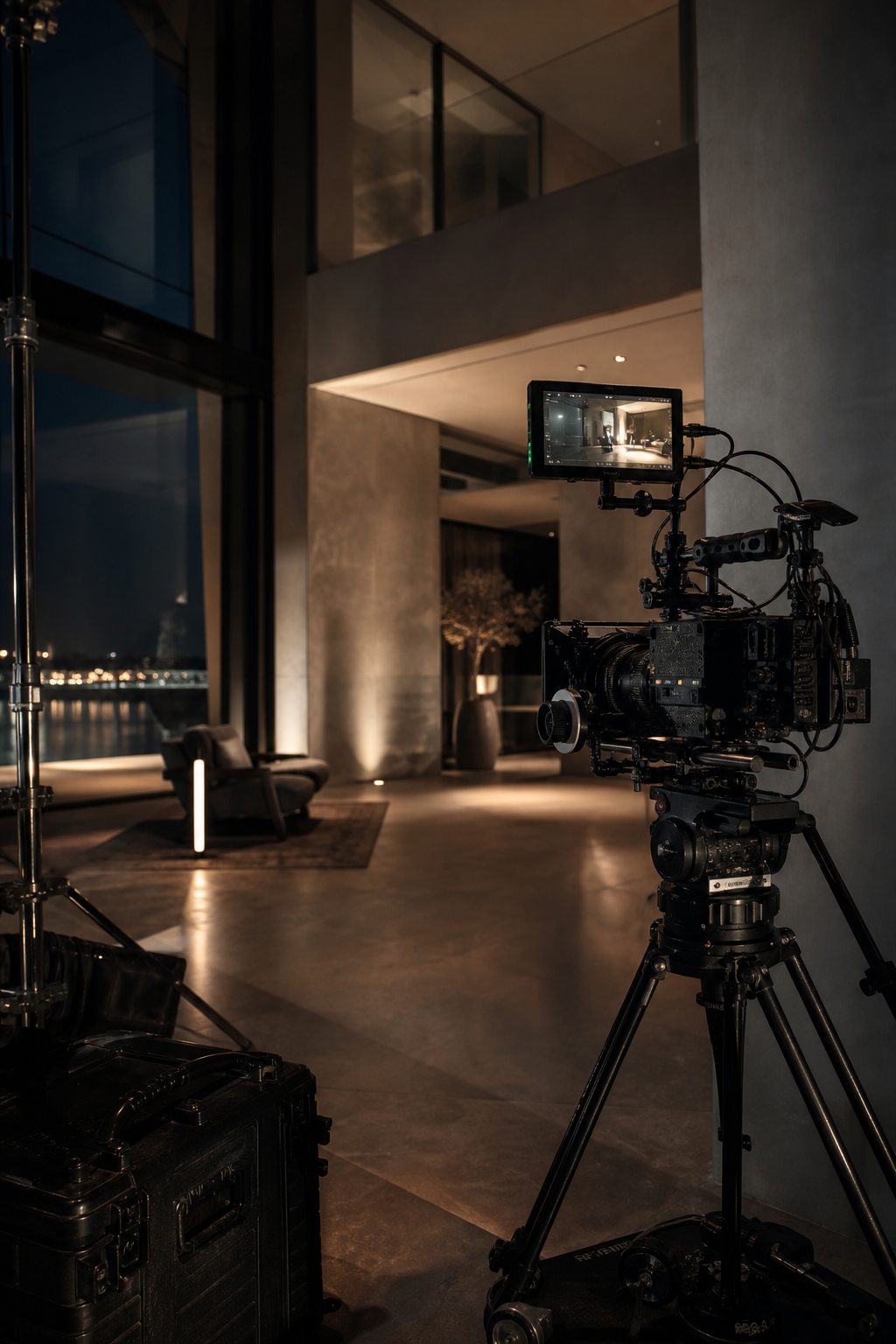 Refined behind-the-scenes production atmosphere in a modern architectural interior with cinematic lighting