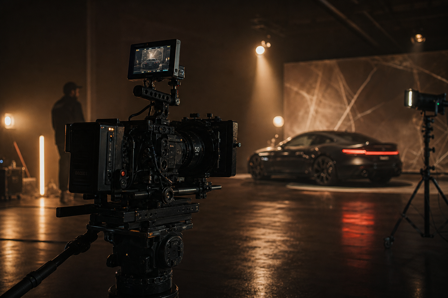 Premium film production set with a cinema camera rig, soft practical lights, and a luxury commercial atmosphere in a moody studio