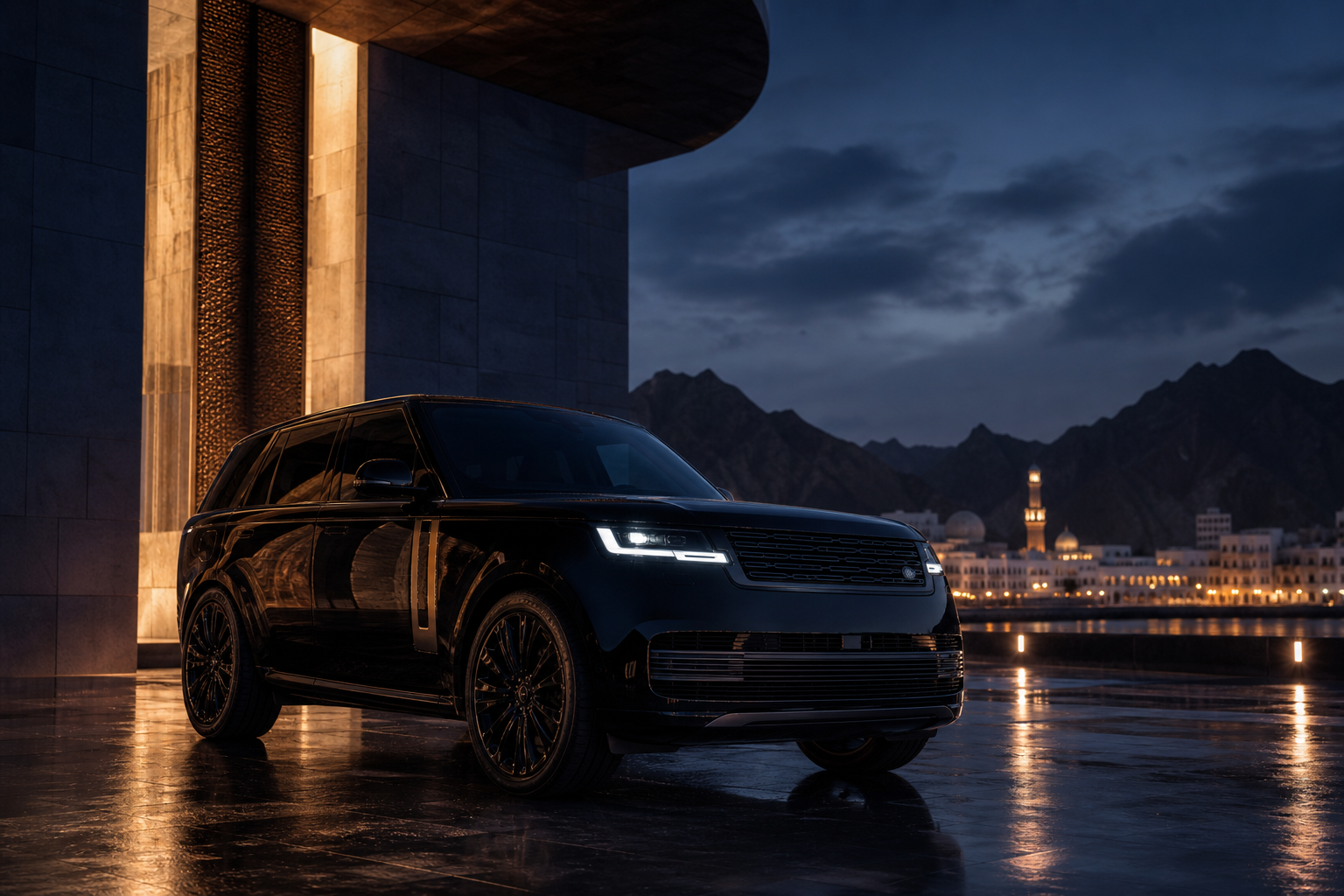 Wide cinematic campaign scene at dusk featuring a luxury vehicle in the foreground, a modern architectural backdrop, dramatic moody lighting, and atmospheric haze