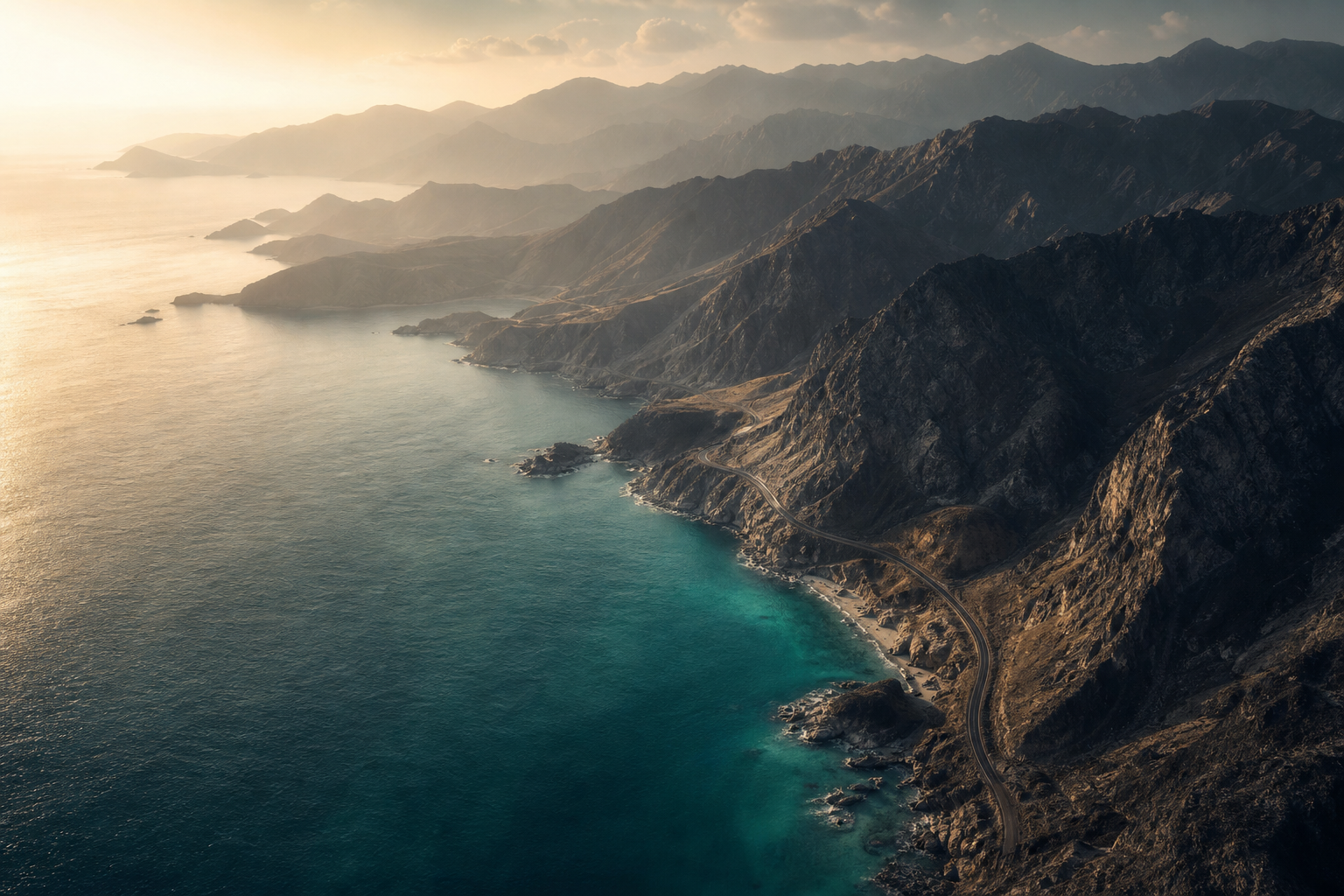 Aerial production still above a rugged Omani coastline with turquoise water and cinematic early morning haze