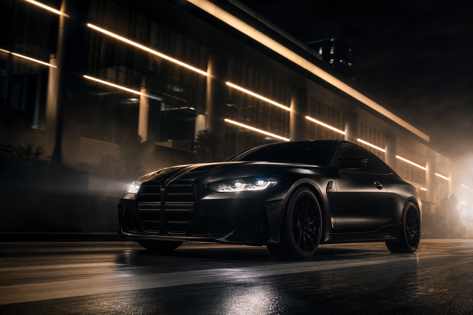 High-end automotive campaign image of a matte black performance car under moody city lights at night