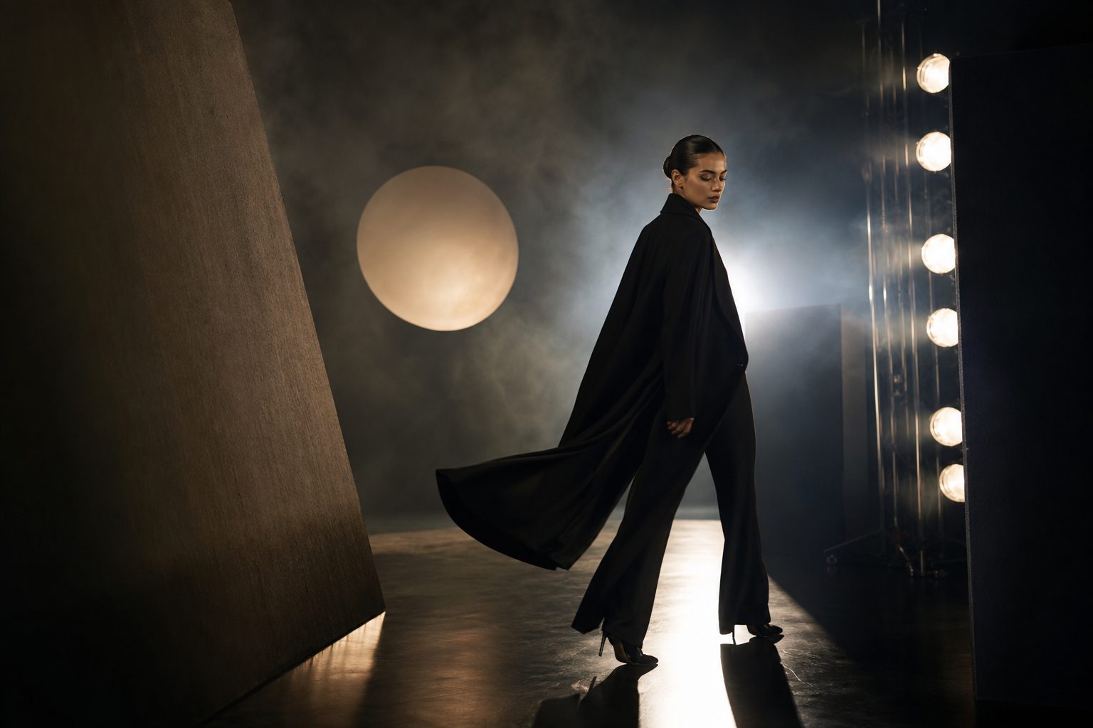 Premium campaign imagery featuring stylized talent movement through a dramatic set with layered cinematic backlight
