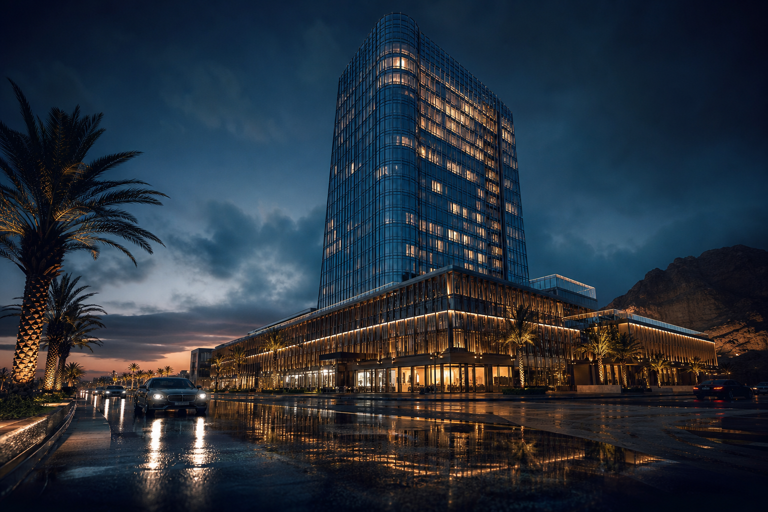 Cinematic commercial film frame of a luxury tower at twilight with reflective glass and dramatic ambient lighting