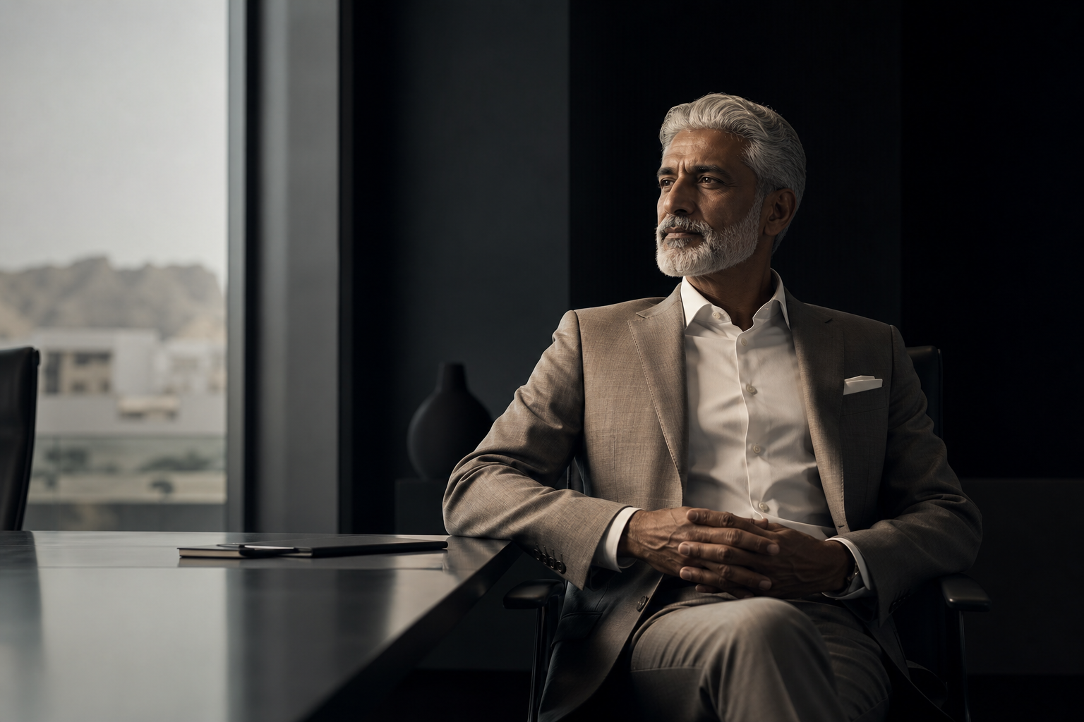 Corporate visual storytelling frame with an executive profile portrait in a minimalist boardroom with directional light