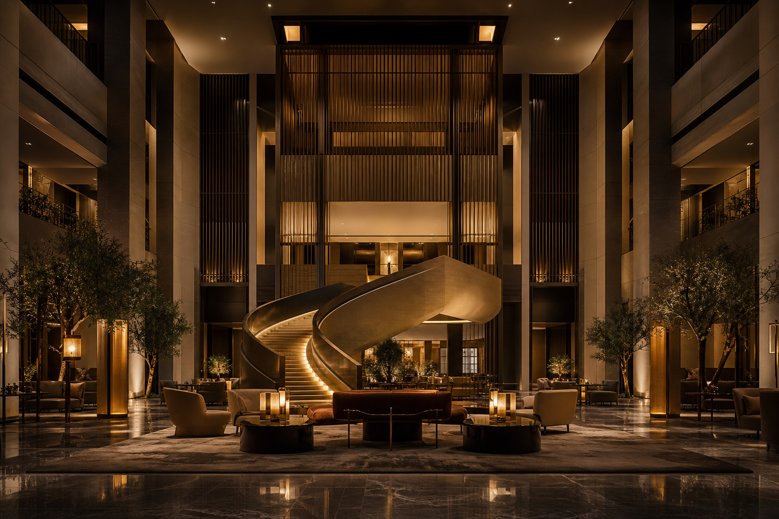 Hospitality campaign frame showing a grand contemporary atrium with warm architectural lighting and curated interior styling