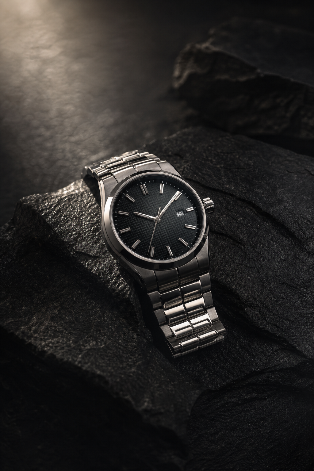 Luxury brand content close-up of a premium watch on textured stone with controlled highlights and deep shadows