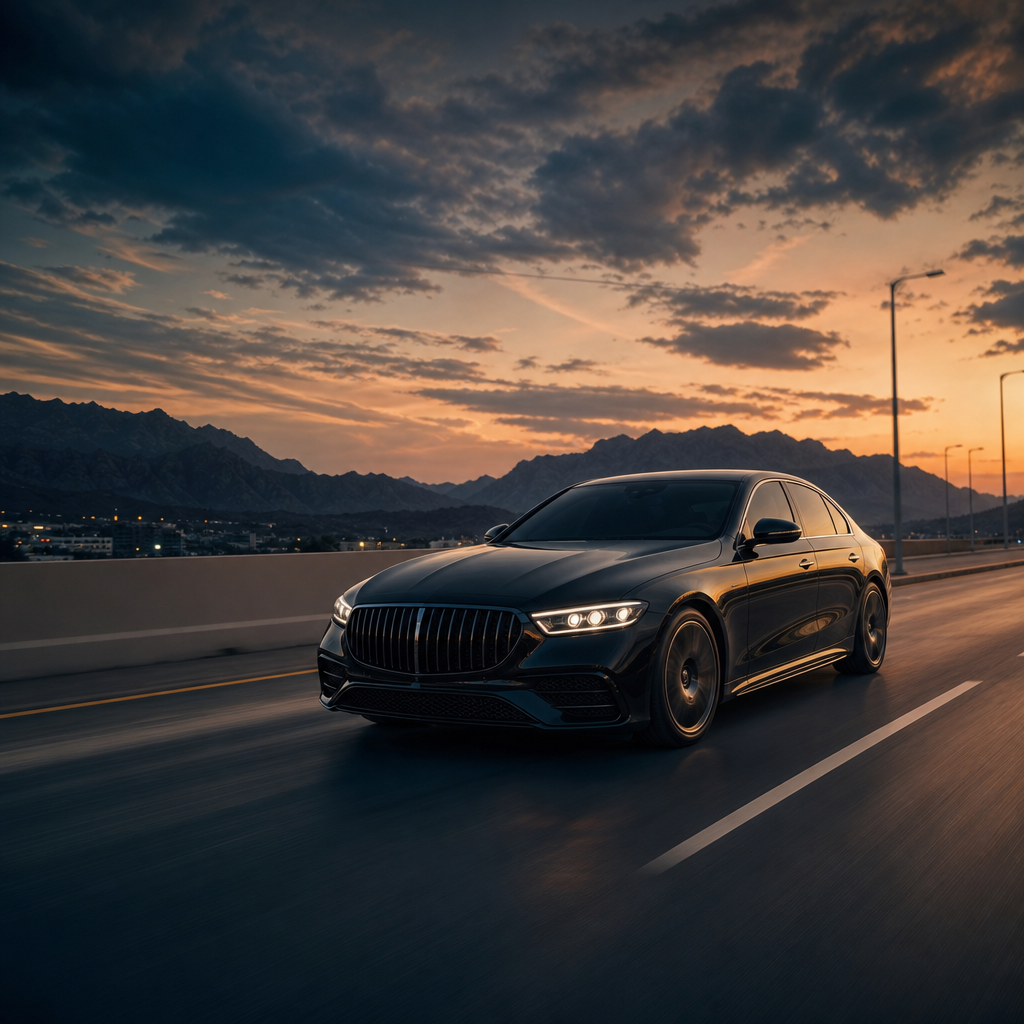 Premium automotive campaign still featuring a luxury vehicle in motion with moody cinematic color grading