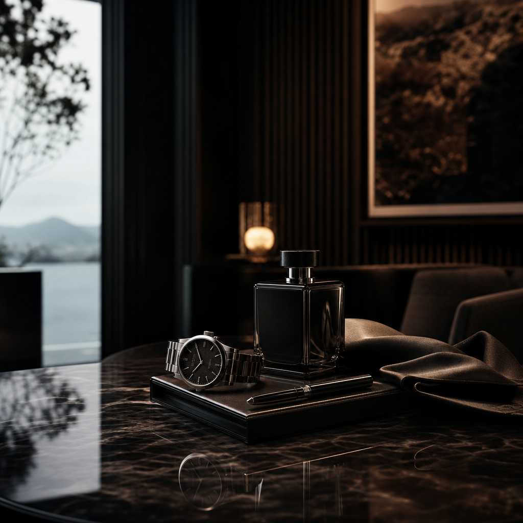 Luxury brand campaign still with elegant product styling, rich shadows, and cinematic visual storytelling composition