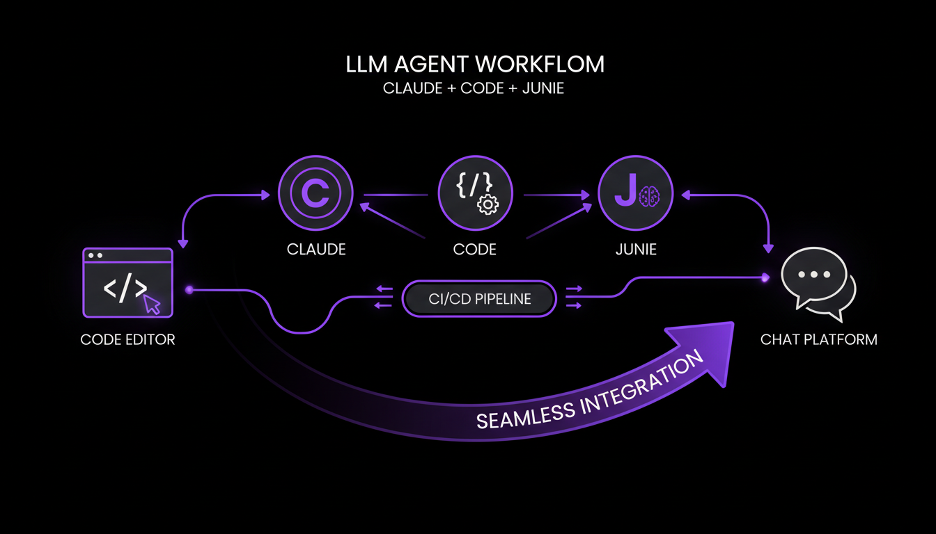 Diagram showing LLM agents (Claude, Code, Junie) integrated across code editor, CI/CD, and chat platforms, streamlining developer workflow