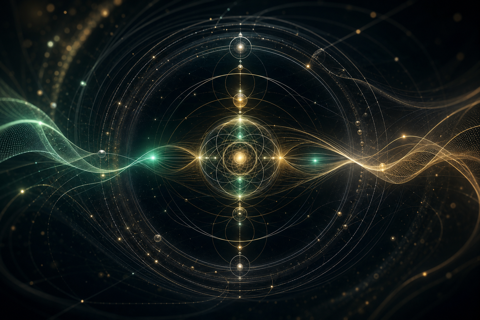 Abstract scientific field illustration with layered orbital arcs, luminous energy-flow geometry, and fine linework suggesting adaptive homeostasis
