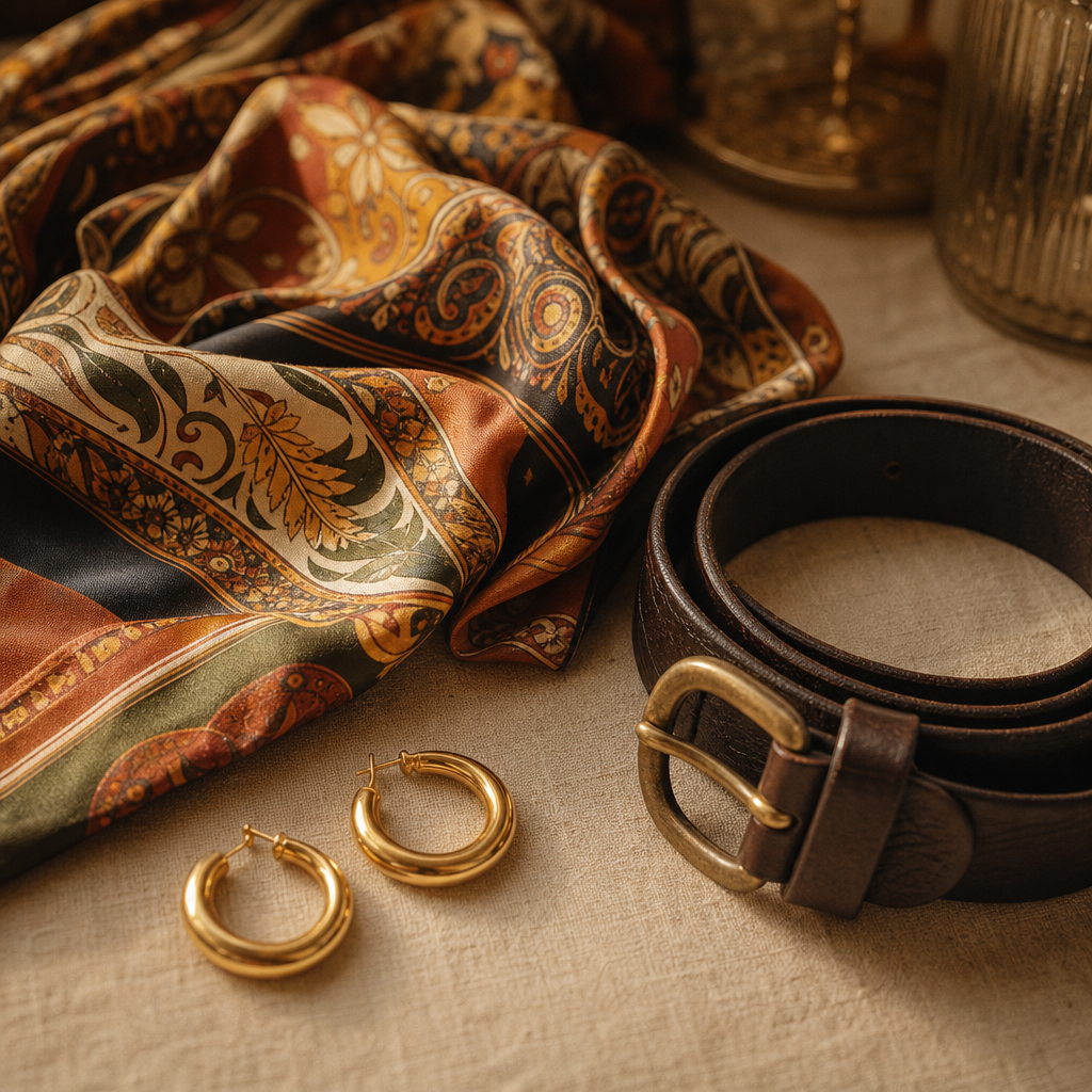 Assorted vintage accessories including a silk scarf, gold hoop earrings, and a leather belt