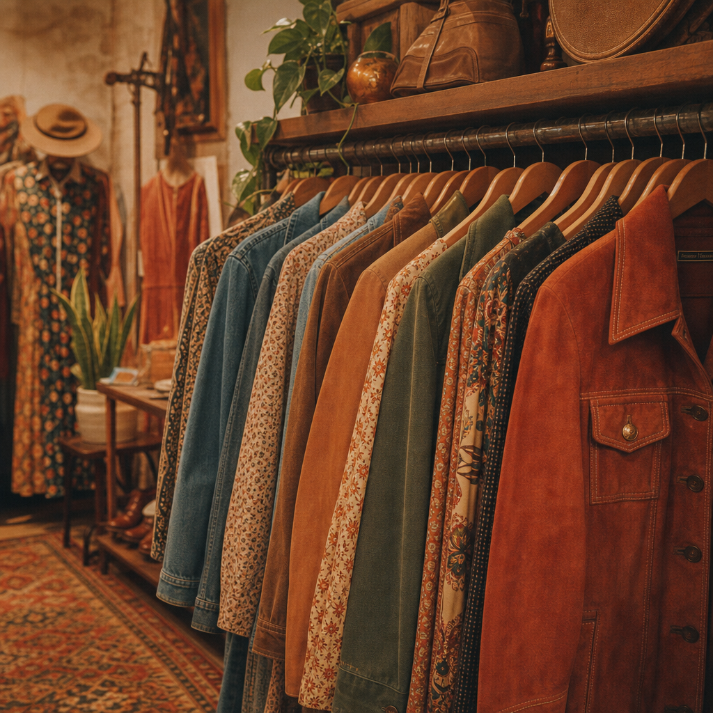 A warmly lit rack of curated vintage jackets and dresses with earthy tones